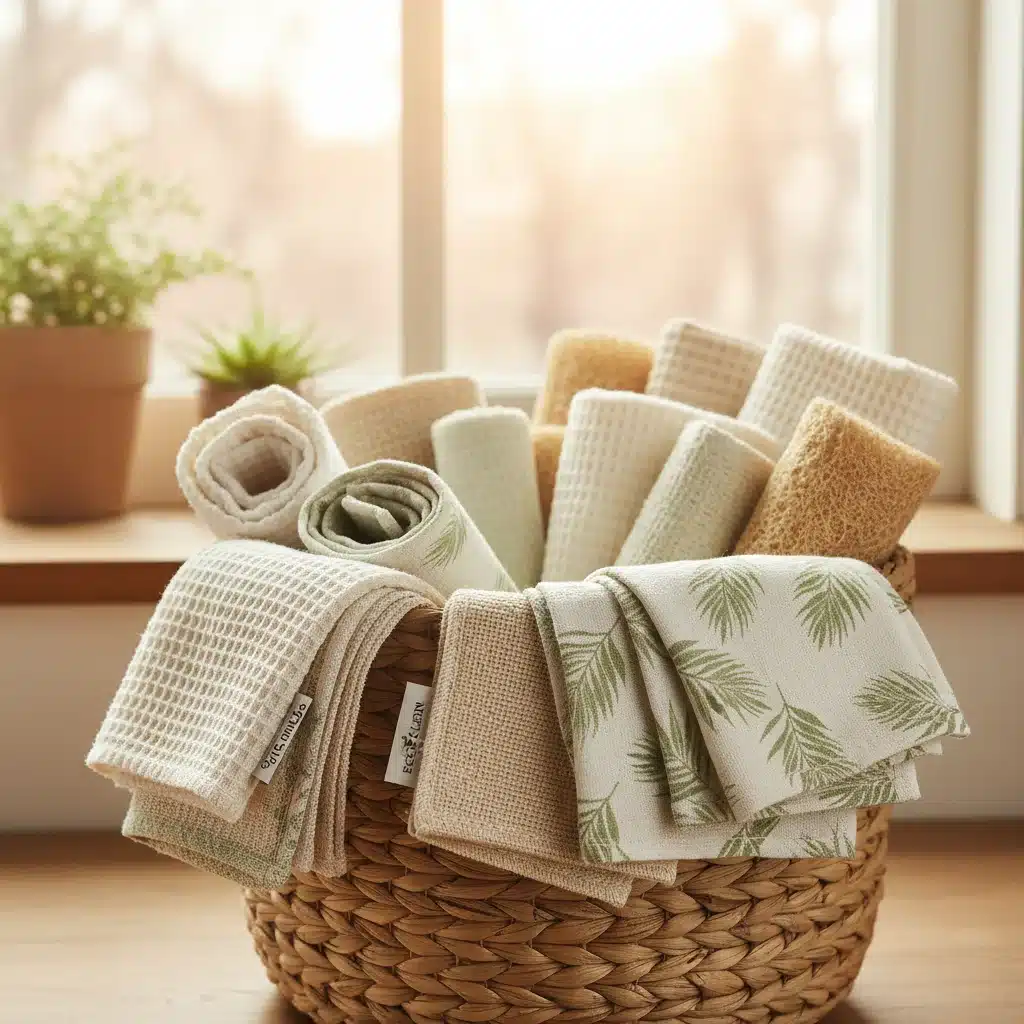 Assortment of reusable cleaning cloths and natural fiber sponges in a basket, highlighting sustainable cleaning tools.