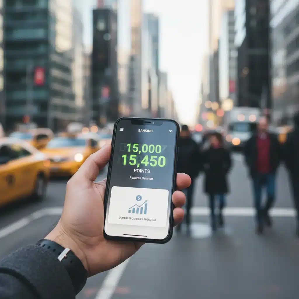 Hand holding smartphone showing increasing rewards balance on banking app, urban background
