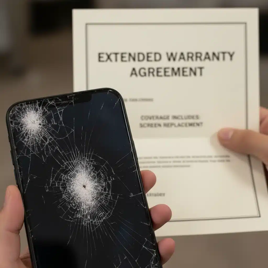 Shattered smartphone screen with extended warranty document