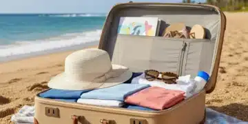 Open suitcase with summer clothes and accessories on a sunny beach, ready for vacation.