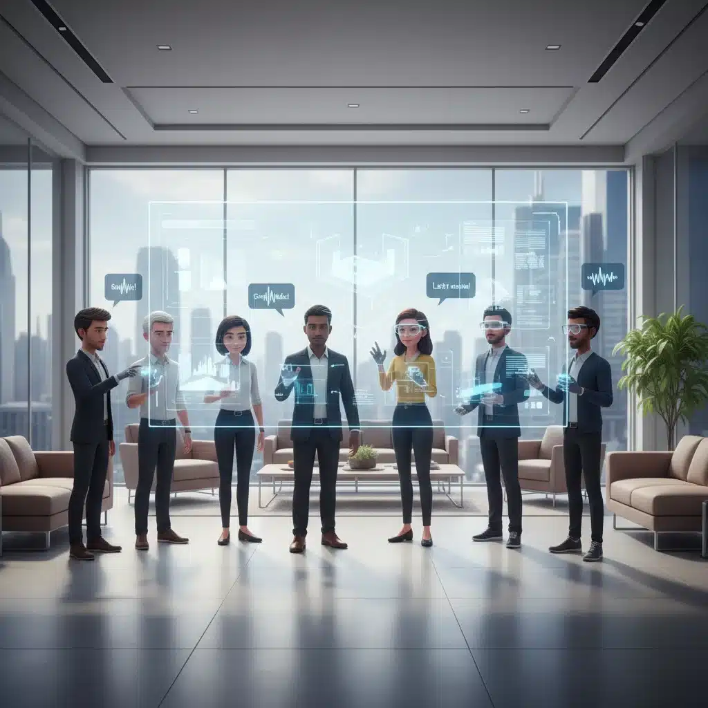 Remote team collaborating in a virtual reality meeting room