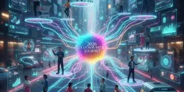 Futuristic digital representation of the 2026 US consumer journey with interconnected touchpoints and diverse consumers.