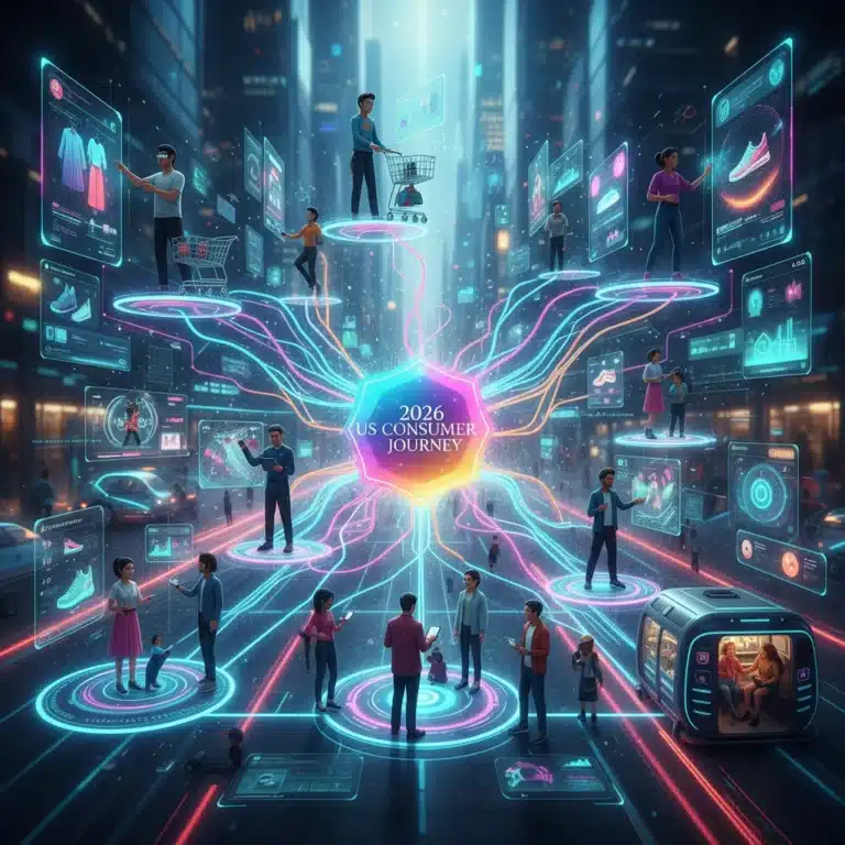 Futuristic digital representation of the 2026 US consumer journey with interconnected touchpoints and diverse consumers.