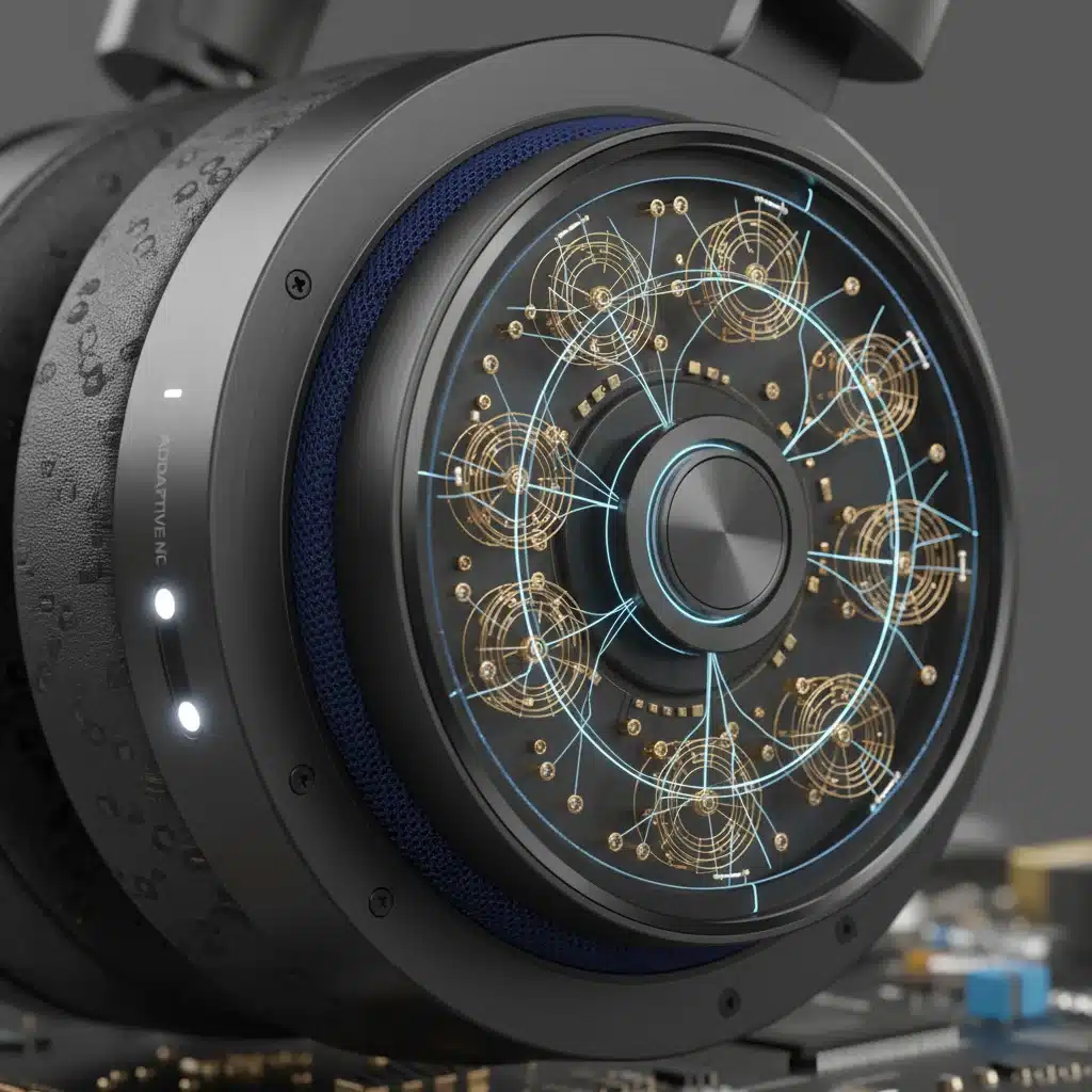Close-up of headphone ear cup with adaptive noise cancellation sensors