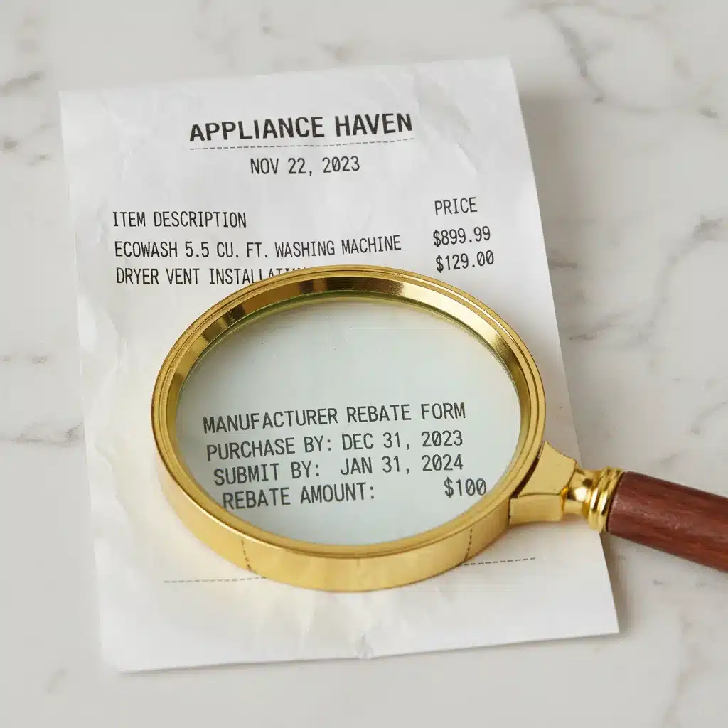 Close-up of an appliance purchase receipt with a magnifying glass, emphasizing details for rebate.