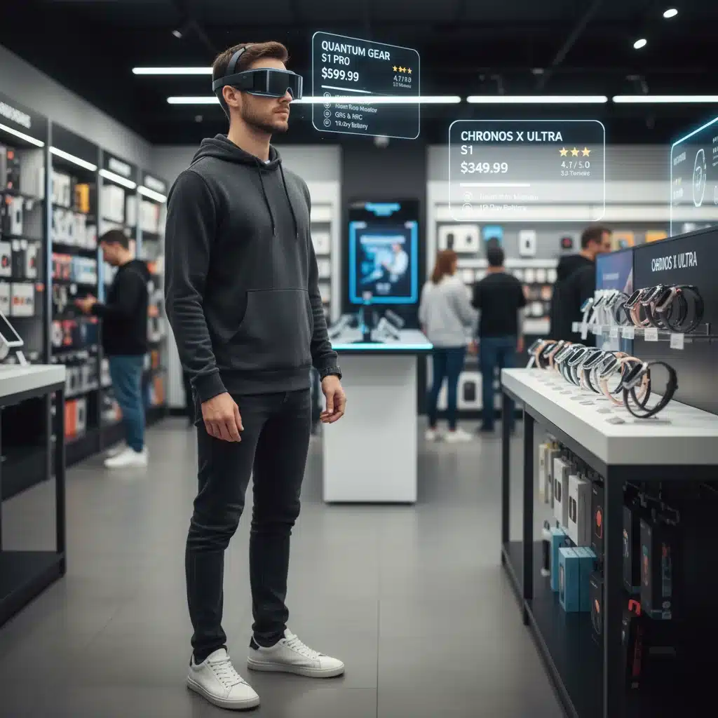 Person using augmented reality glasses in a store, viewing digital product information and reviews.
