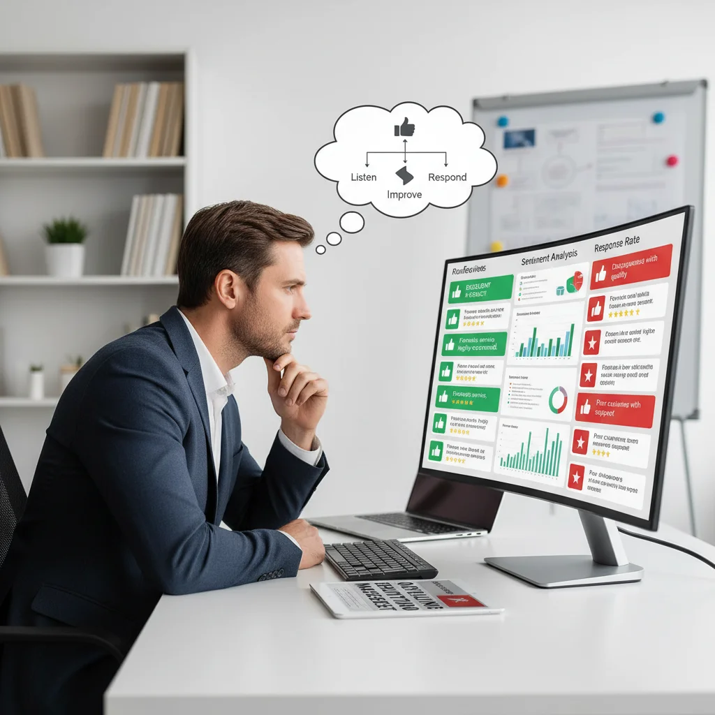 Business owner analyzing customer feedback and reviews