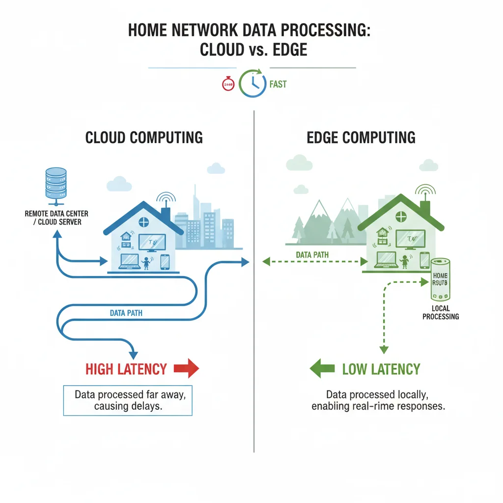 Comparison diagram showing data flow in cloud vs. edge computing for smart homes.