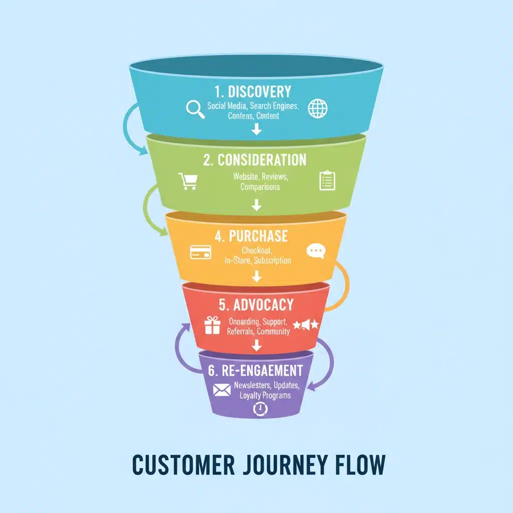 Infographic illustrating the six stages of the modern consumer journey funnel with digital and physical touchpoints.