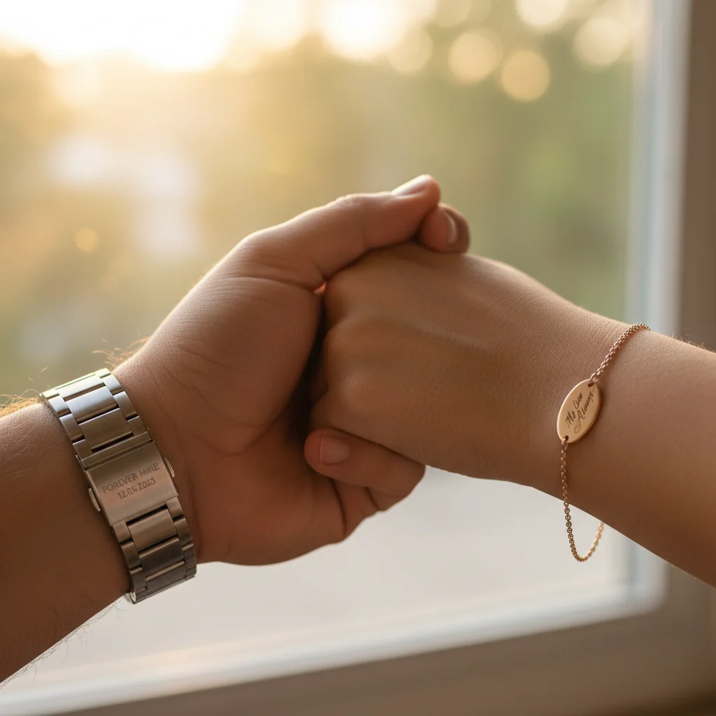 Couple's hands with custom-engraved jewelry, symbolizing personalized Valentine's gifts.