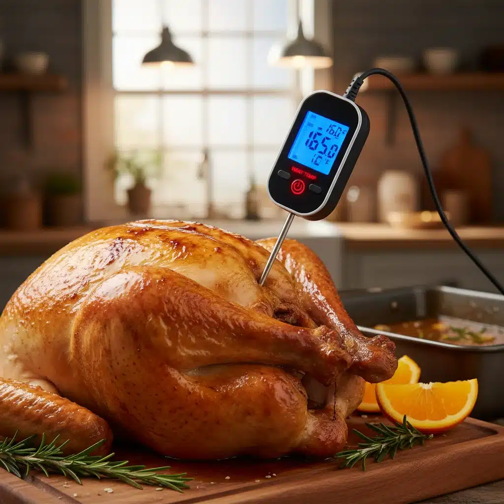 Digital meat thermometer in roasted turkey
