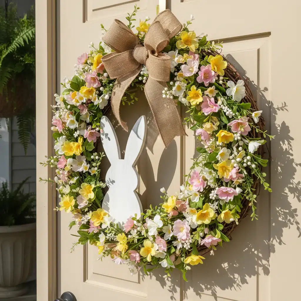 DIY Easter bunny wreath with spring flowers on a front door.