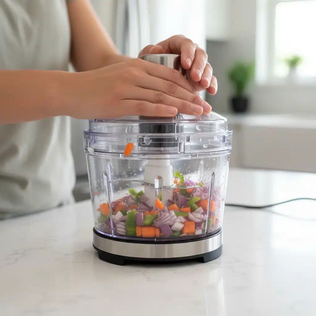 Electric food chopper dicing vegetables quickly