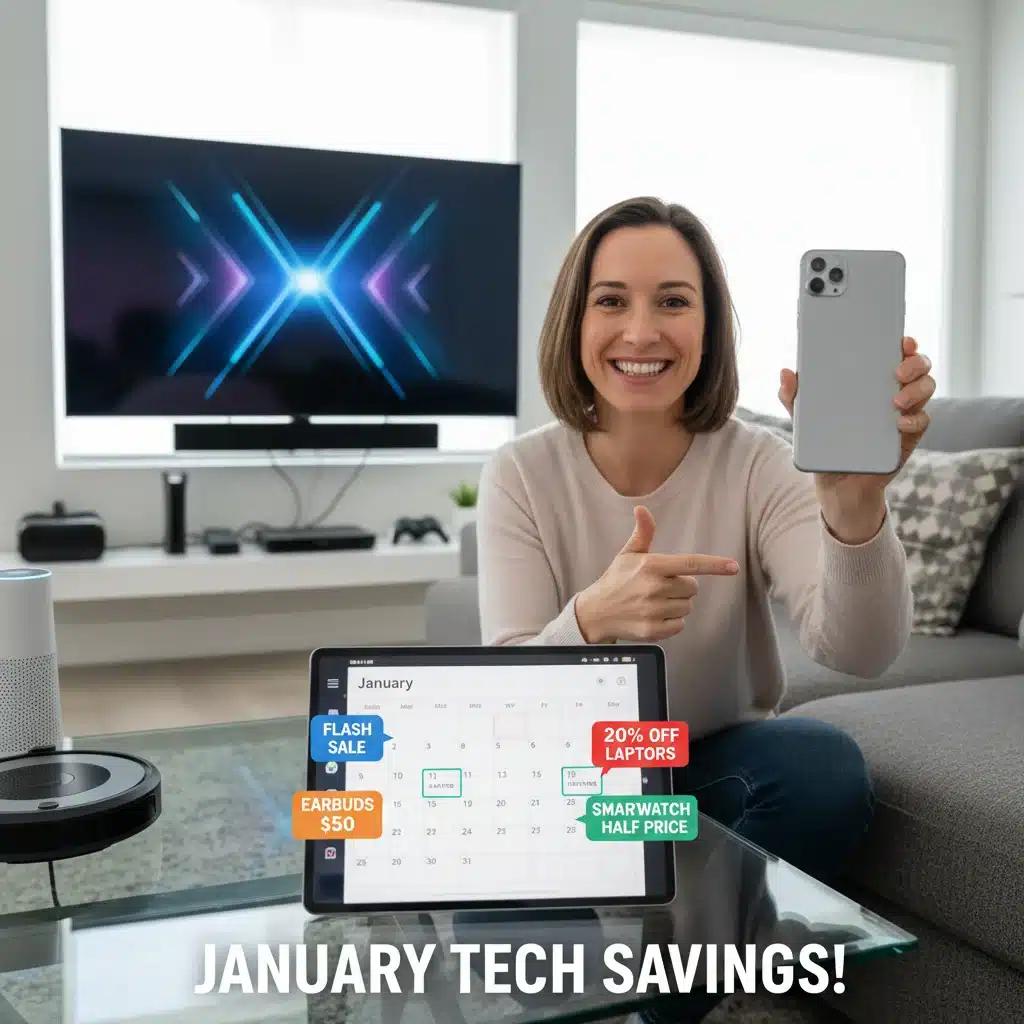 Shopper reviewing electronics deals on a digital calendar in January.