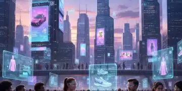 Futuristic cityscape with holographic ads and people interacting with digital projections, symbolizing future consumer technology.