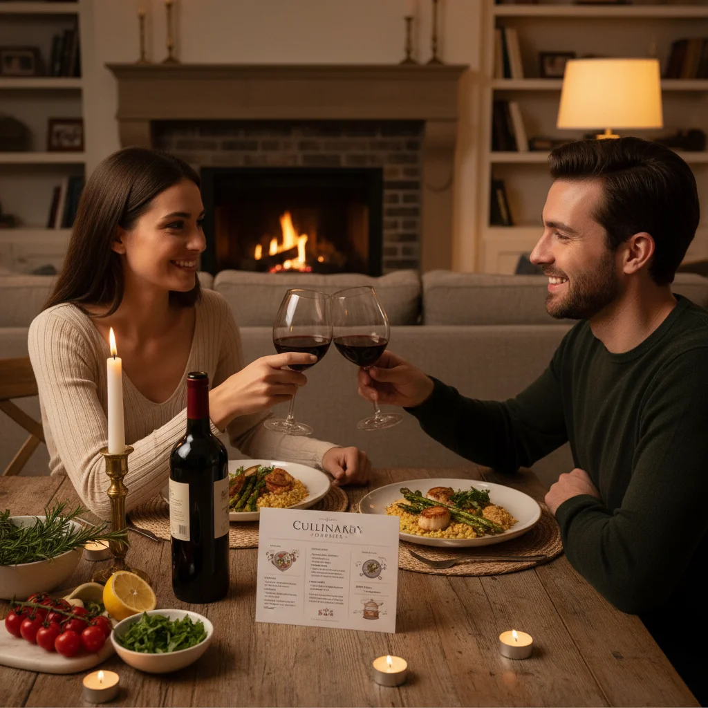Couple enjoying a gourmet meal kit at home, a thoughtful Valentine's Day experience.