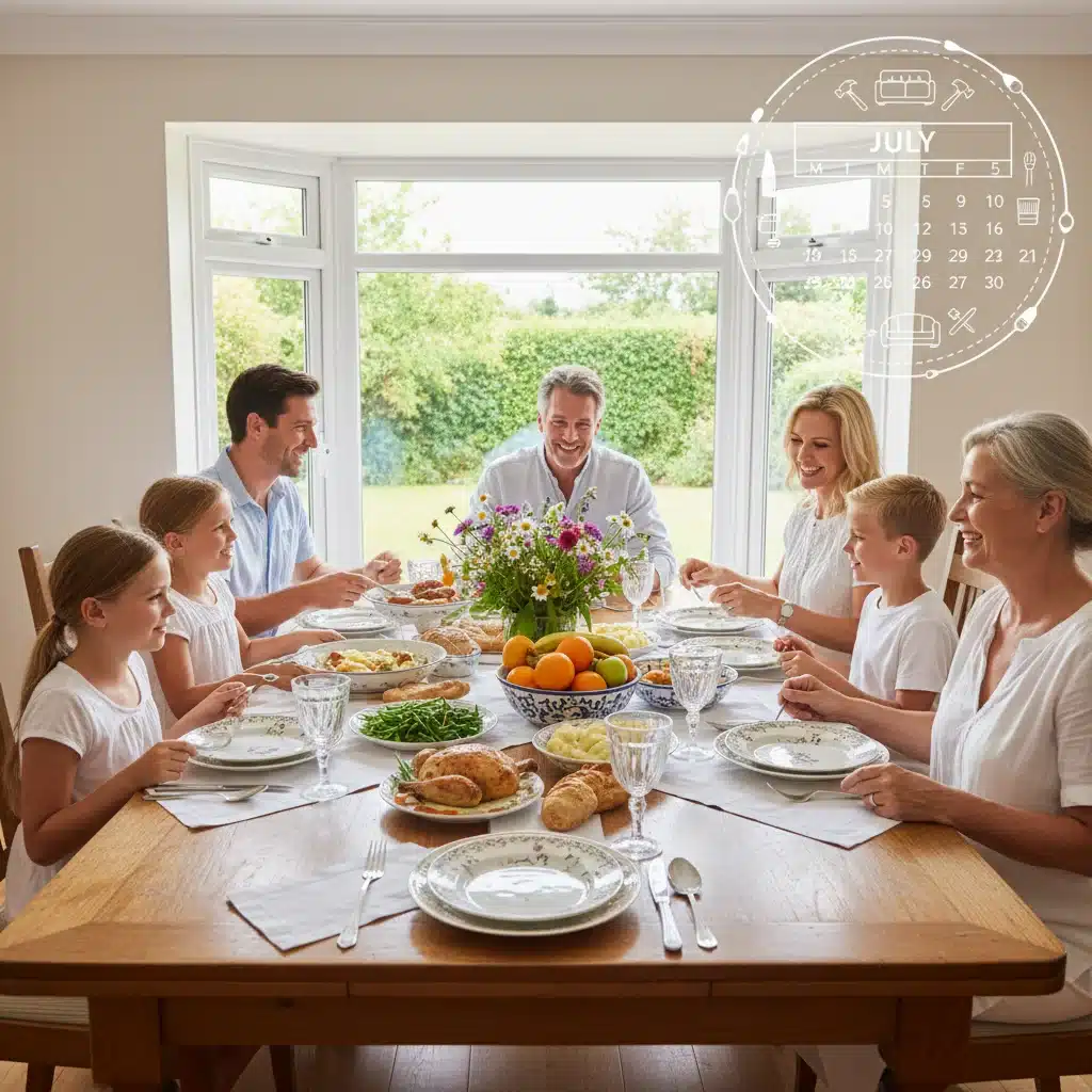 Family enjoying new furniture purchased during summer sales.