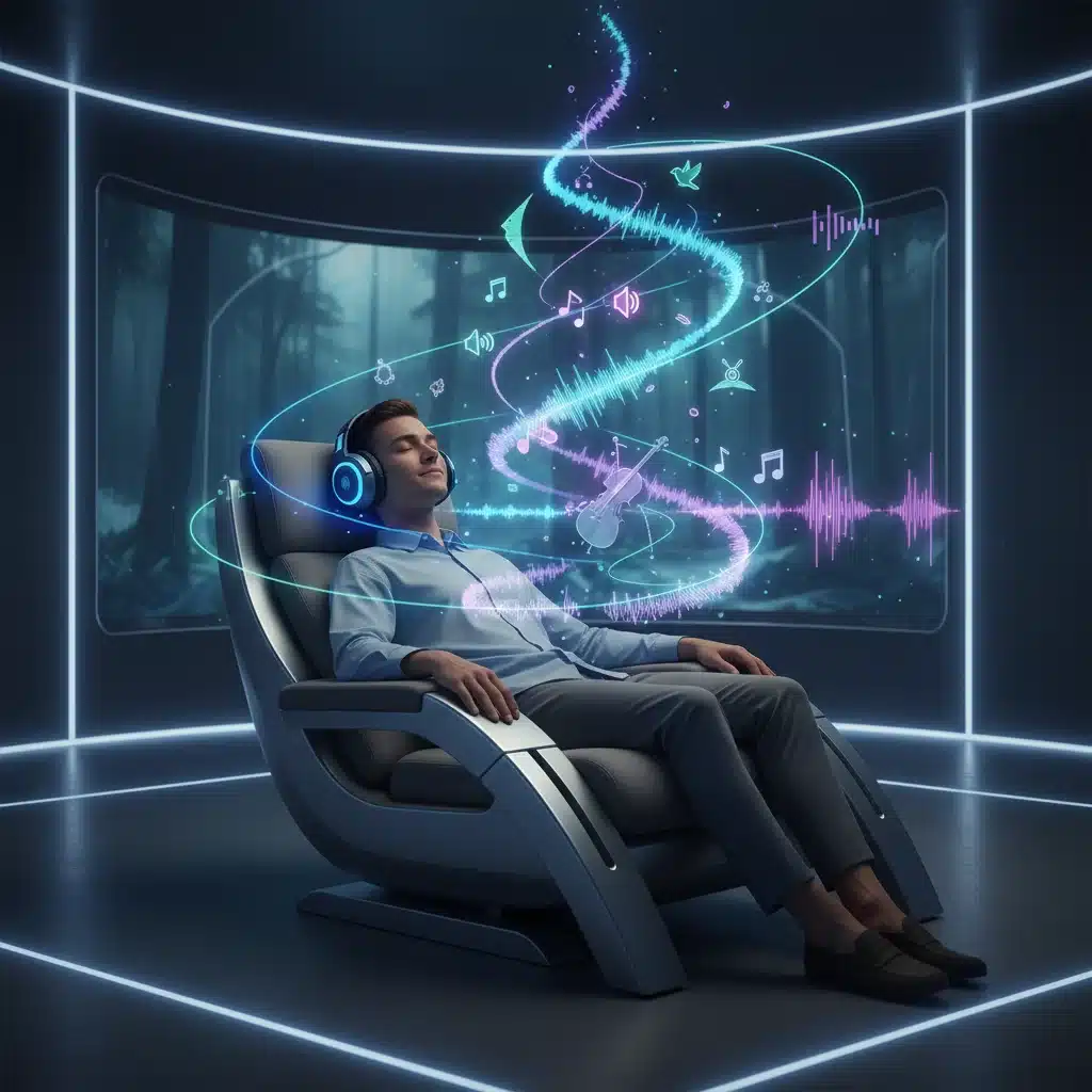 Person experiencing immersive 3D spatial audio with headphones