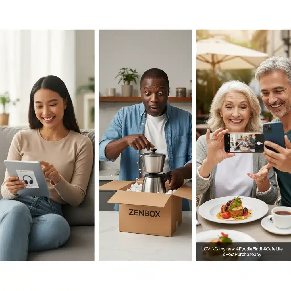 Diverse consumers engaging with products, reviewing online, and sharing experiences, representing post-purchase and advocacy.