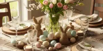 Rustic Easter table with DIY decorations, pastel flowers, and bunny figurines.
