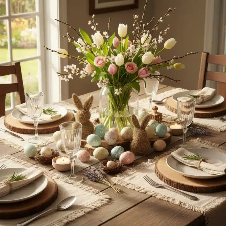 Rustic Easter table with DIY decorations, pastel flowers, and bunny figurines.
