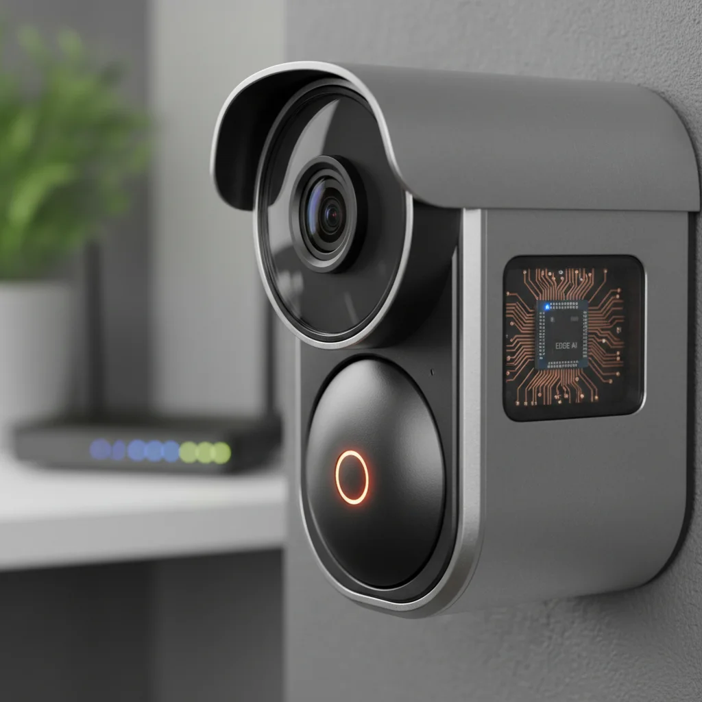 Smart security camera with integrated edge processing chip for local AI analysis.