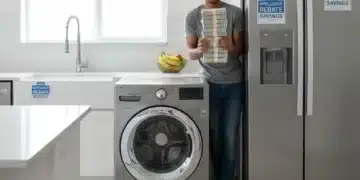 Person holding cash next to new appliances, showing successful rebate claim.
