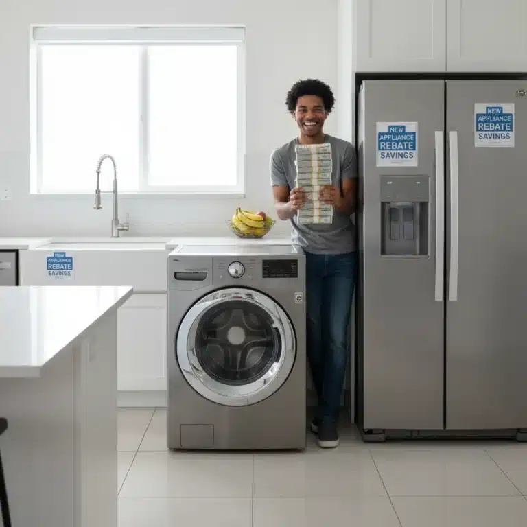 Person holding cash next to new appliances, showing successful rebate claim.