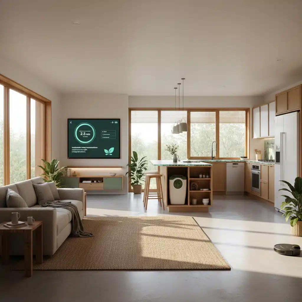 Modern smart home interior with sustainable devices and a tablet showing energy usage, promoting eco-conscious living.
