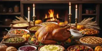 Thanksgiving feast with roasted turkey and various side dishes