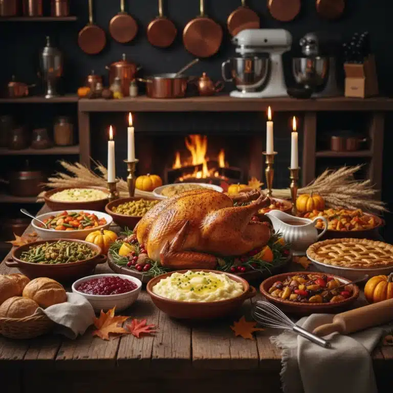 Thanksgiving feast with roasted turkey and various side dishes