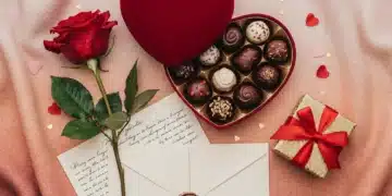 Romantic Valentine's Day gifts arranged with a red rose and love letter, emphasizing early preparation.