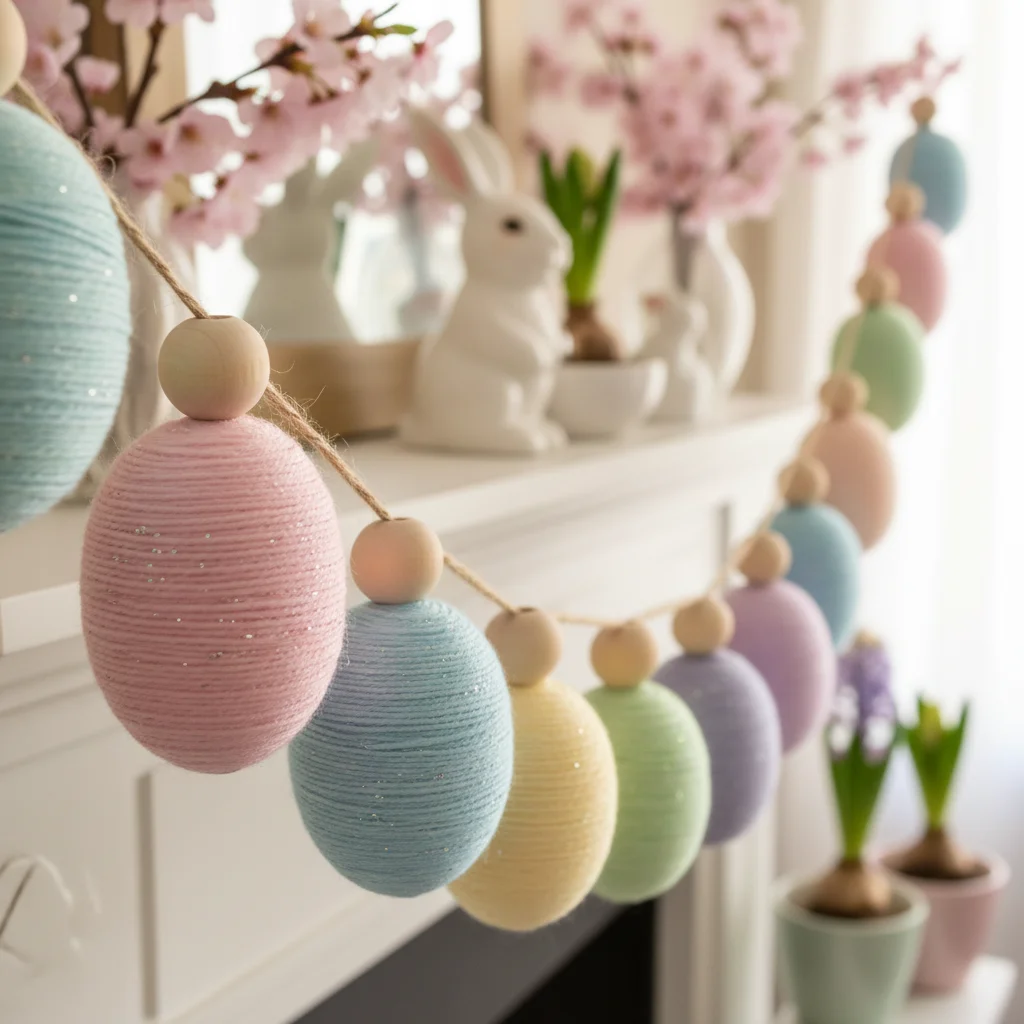 Colorful yarn Easter egg garland with wooden beads on a mantelpiece.