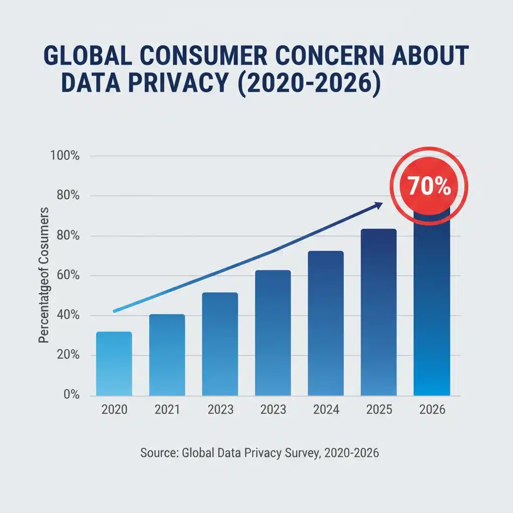 Infographic showing rising consumer data privacy concerns 2020-2026