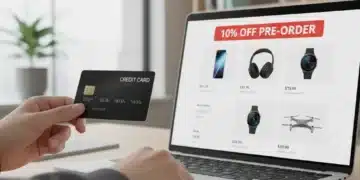 Hand holding credit card near laptop with 10% off pre-order tech deals