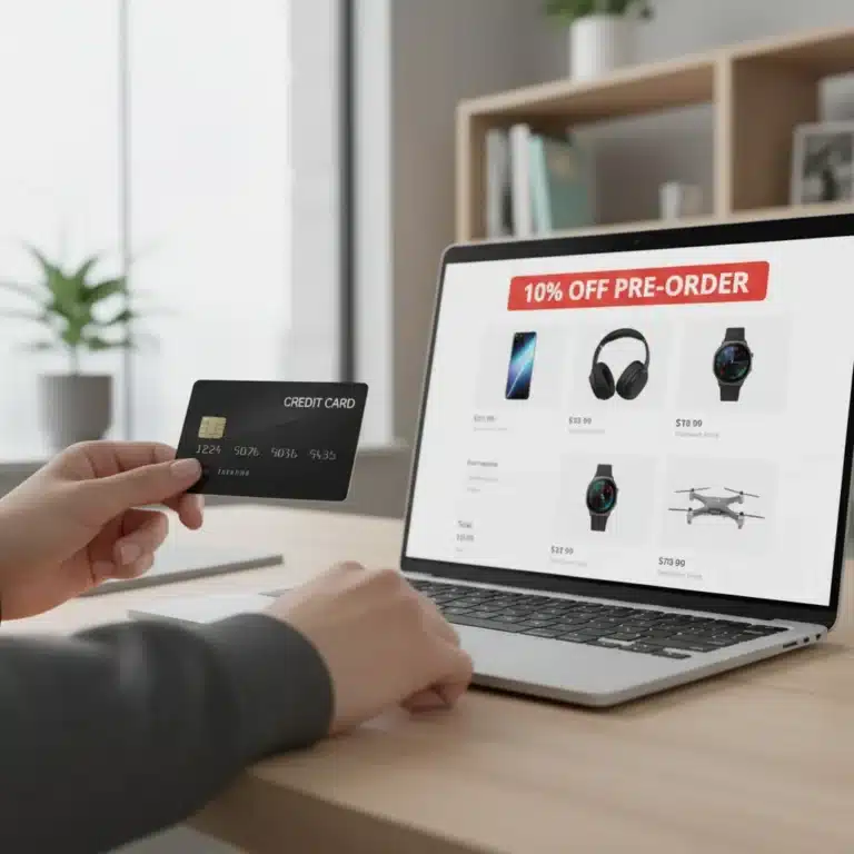 Hand holding credit card near laptop with 10% off pre-order tech deals