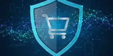 Data Privacy Concerns: Consumer Online Shopping Adaptation 2026 Digital shield protecting online shopping cart, symbolizing data privacy