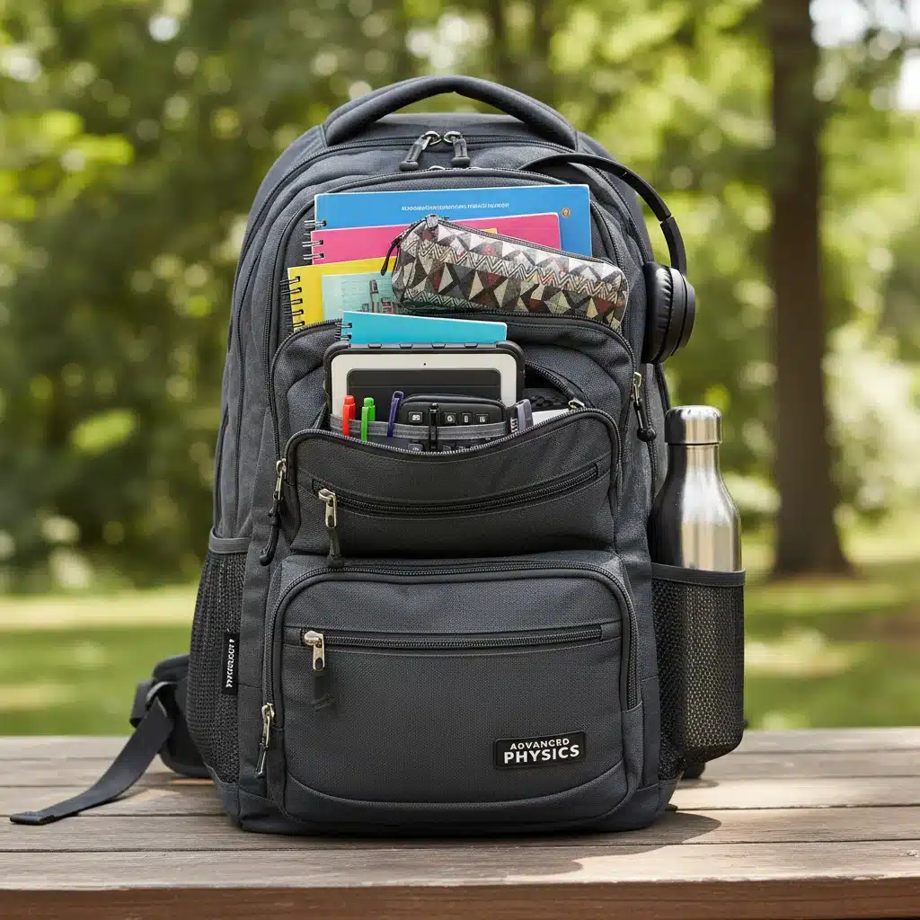 Durable ergonomic backpack filled with school supplies, ready for a new academic year.
