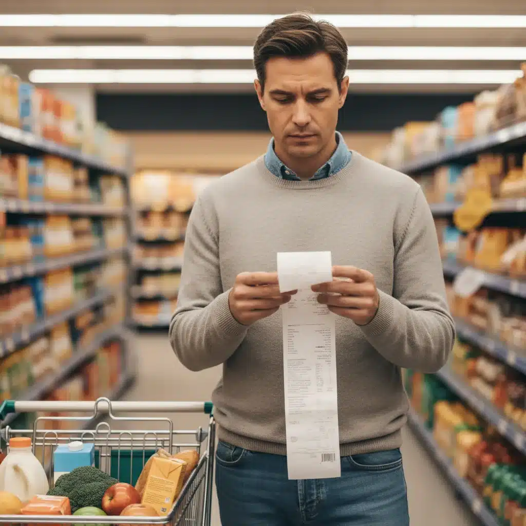 Person reviewing grocery receipt, focusing on essential spending and cost analysis