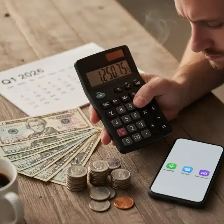 Hand using calculator with US dollars, symbolizing smart budgeting amidst inflation in 2026