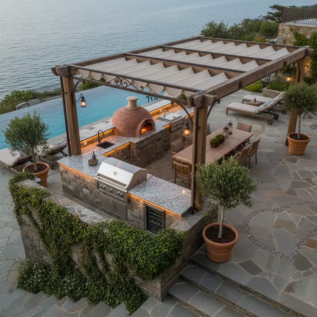 Luxurious outdoor kitchen with built-in grill and dining area