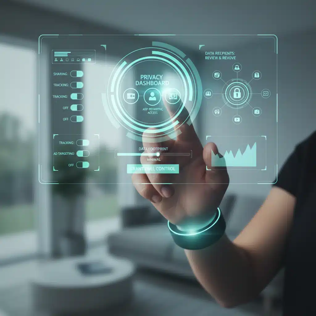 User managing privacy settings on a holographic interface, showing data control