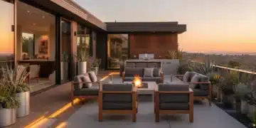 Modern outdoor patio with smart lighting and fire pit