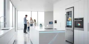 Modern kitchen with smart appliances and family enjoying the space