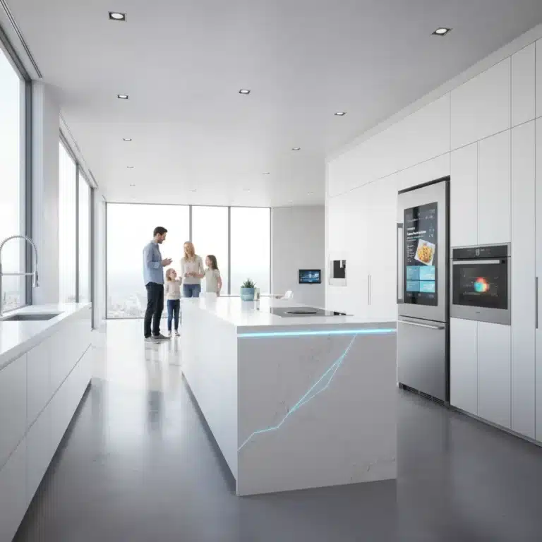 Modern kitchen with smart appliances and family enjoying the space