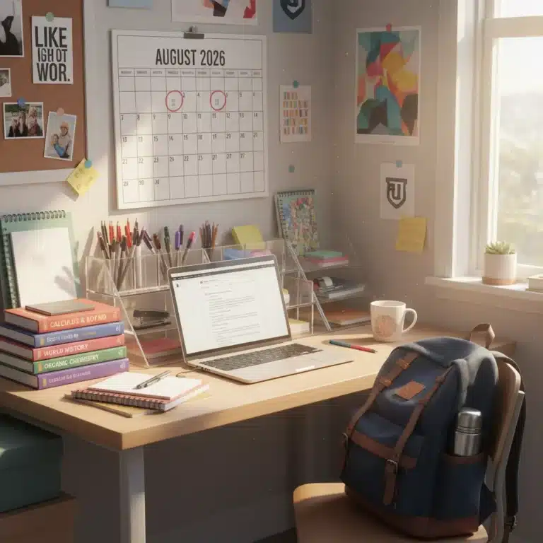 Organized student desk with laptop, books, and school supplies for Back-to-School 2026.