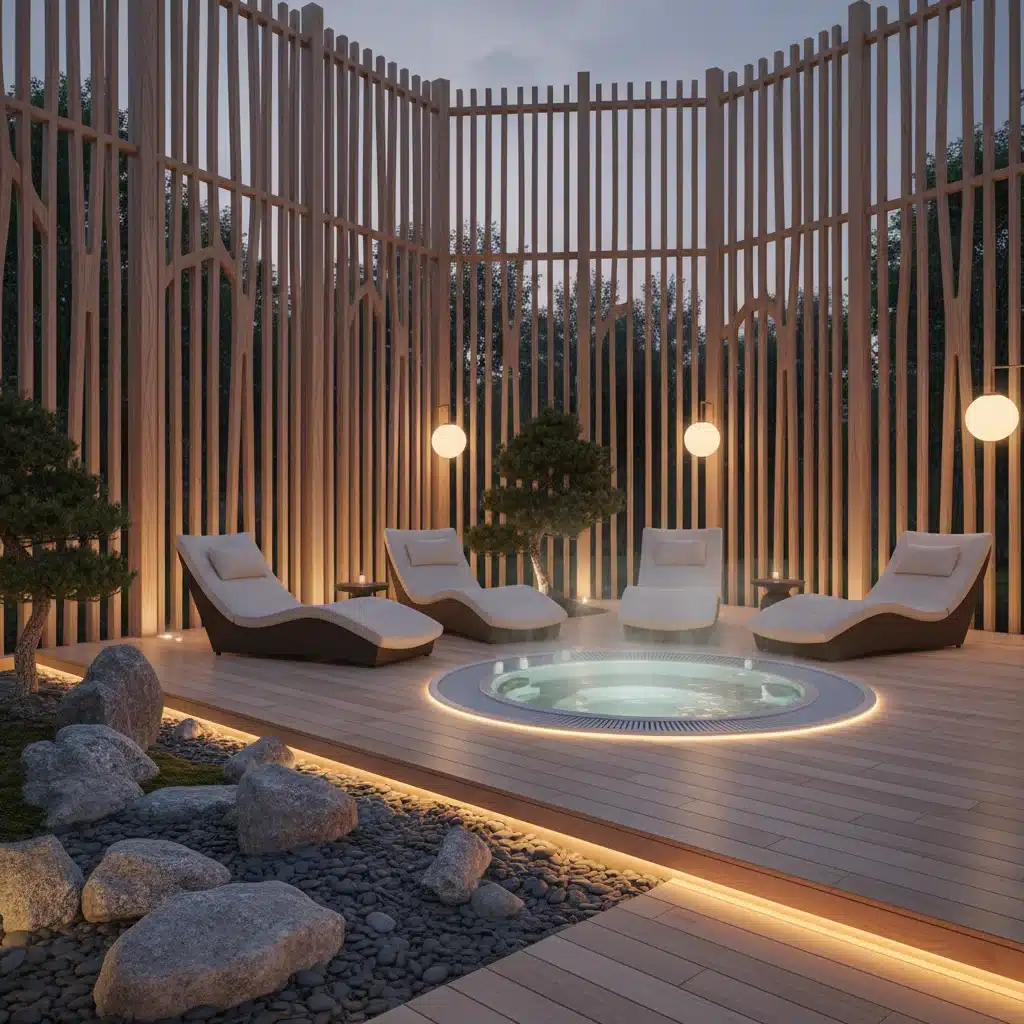 Outdoor wellness zone with sunken hot tub and lounge area
