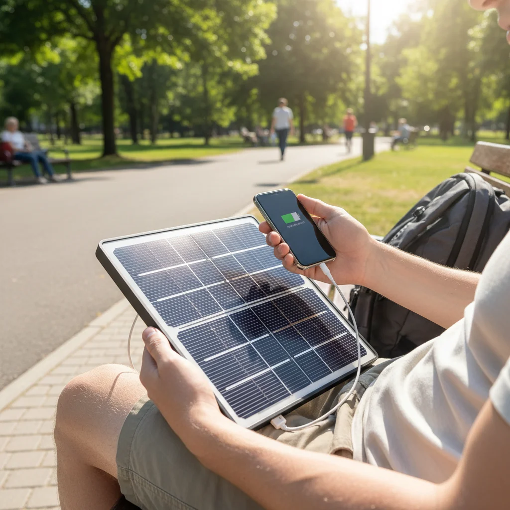 Portable solar charger powering a smartphone outdoors