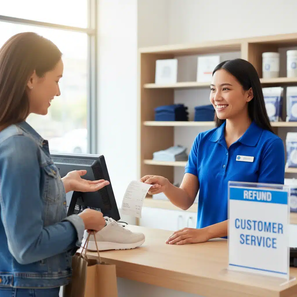 Customer receiving refund receipt from helpful service representative