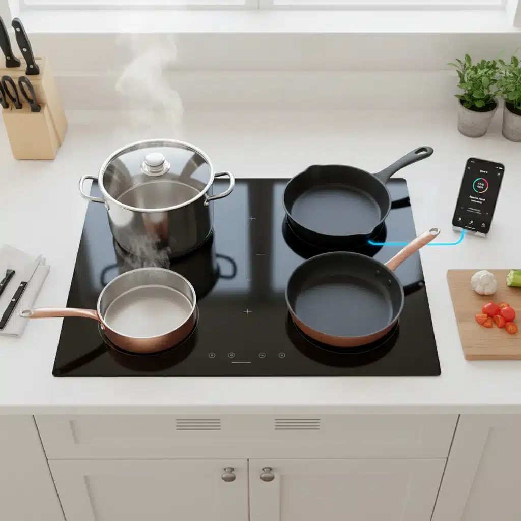 Smart induction cooktop connected to smartphone cooking app